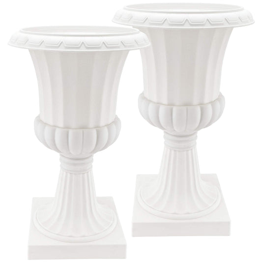 Arcadia Garden Products Plastic Garden Pedestal Urn, Set of 2 Classic Decorative Garden Pot Planter for Indoor and Outdoor Plants, 10” x 17”, White