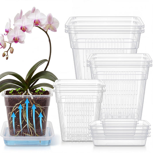 Wonderjune 6 Set Clear Orchid Pots with Holes and Saucers, 2 Each of 4", 4.7", 5.9" for Repotting, Plastic Planter Flower Slotted Square Nursery Pots with Drainage for Root Health Indoor Outdoor