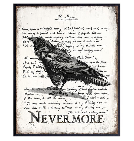 The Raven Wall Art & Decor - Nevermore - Edgar Allan Poe Gift - Goth Room Decor - Gothic Home Picture - Creepy Poem Poetry Wall Art - Vintage Rustic Decoration - Retro Style Poster Print 8x10 UNFRAMED