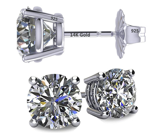 Central Diamond Center 14K Solid Gold Post & Sterling Silver Made with Swarovski 4 Prong CZ Stud Earrings - Platinum Plated - 4.0mm - 0.50cttw