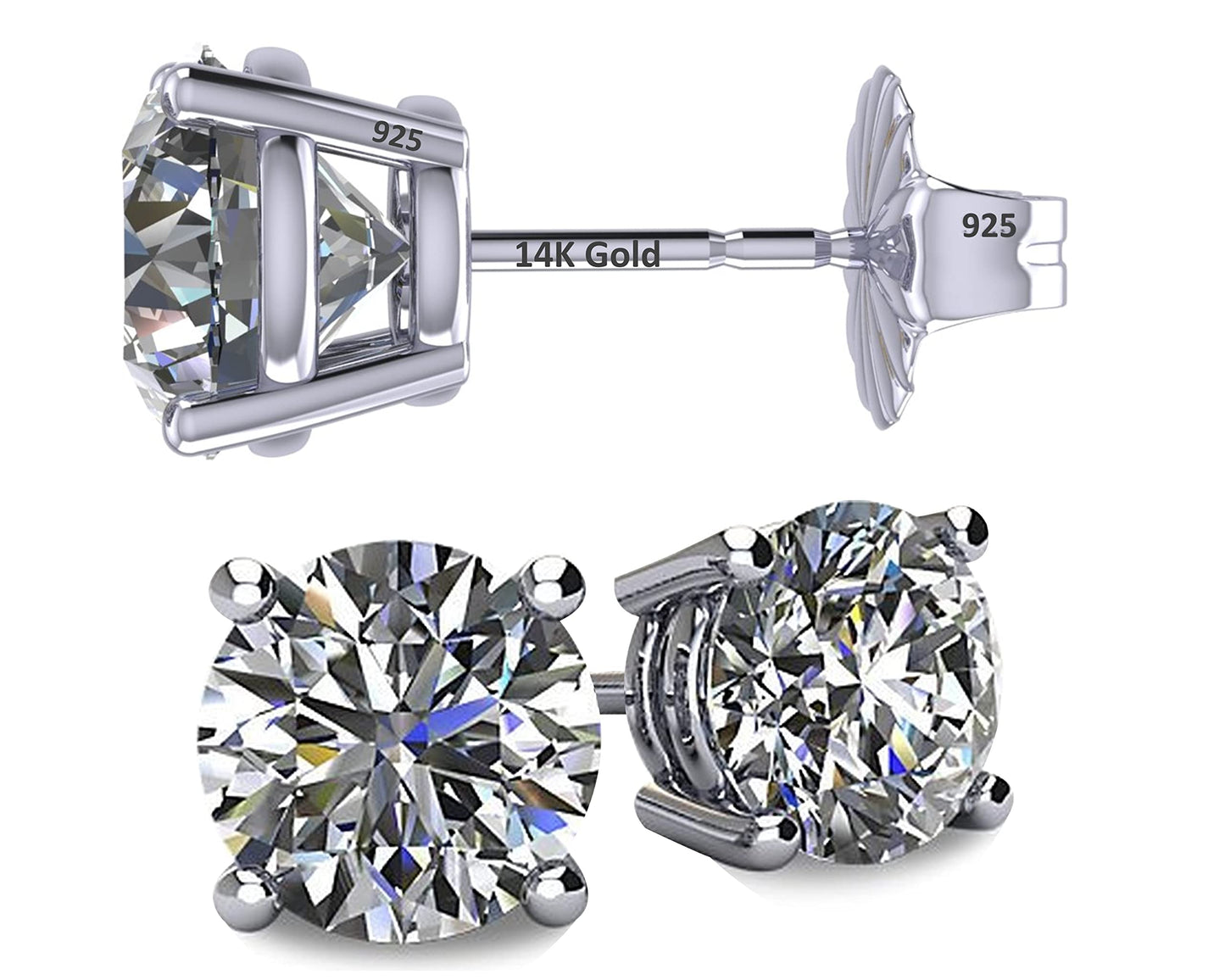 Central Diamond Center 14K Solid Gold Post & Sterling Silver 4 Prong CZ Stud Earrings - Platinum Plated - 10.0mm - 8.00cttw