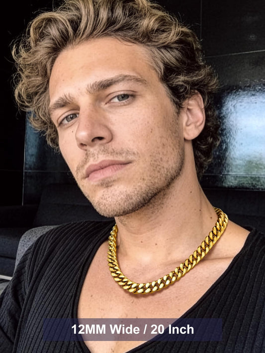 Bandmax Mens Gold Plated Chain Necklace 14K Gold Plated 12MM Chunky Heavy Big Miami Link Chains 20 Inch Cadena de Acero Inoxidable para Hombre Gift for Him