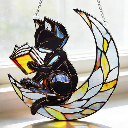 EOBROMD Stained Glass Window Hanging Suncatcher, Black Cat and Moon Double Side Glass Panel Sun Catchers, Handmade Decor Birthday Gifts for Women, Men, Mom, Couples and Lovers 7.8x7.8 inch
