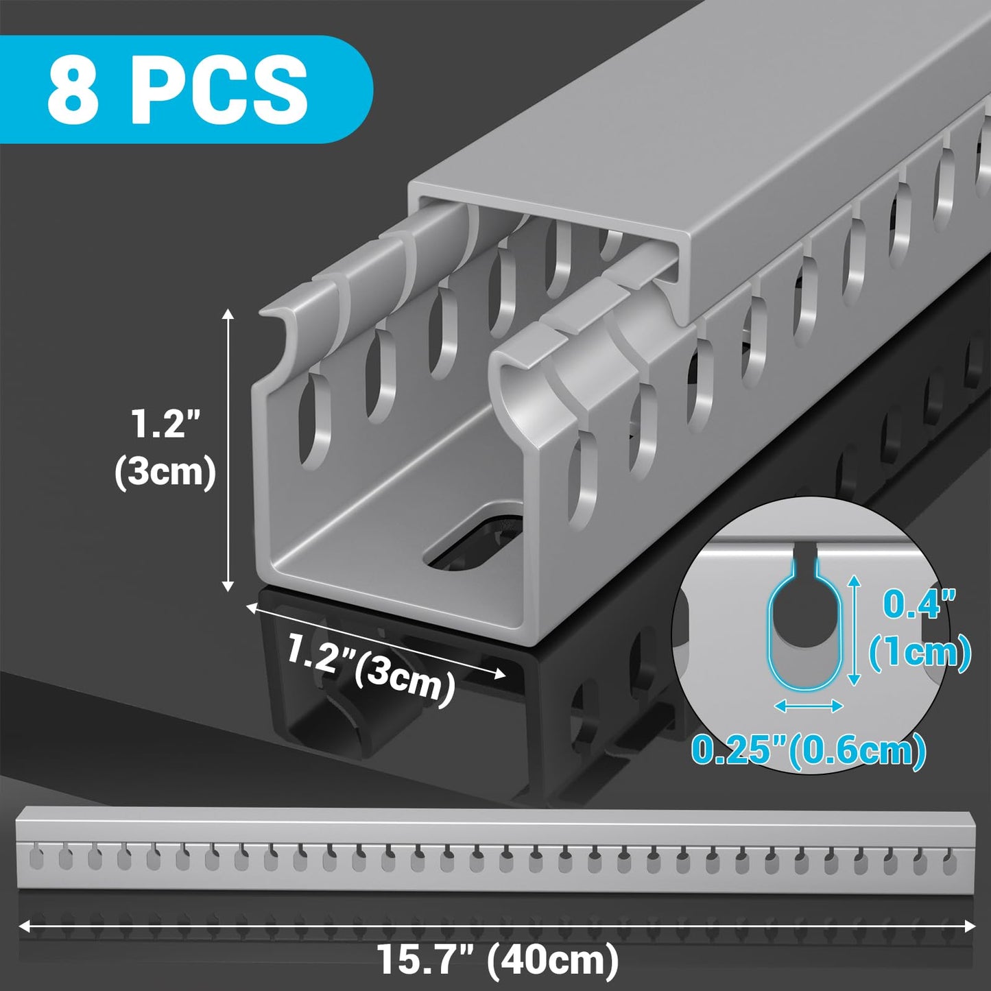 Open Slot Wire Duct Kit, 125.6"(8 x 15.7) Server Rack Cable Management, Cable Management Raceway for Hide Network HDMI VGA Cable, Wiring Raceway Cable Duct, Desk Wire Channel, 8 Pack, Grey