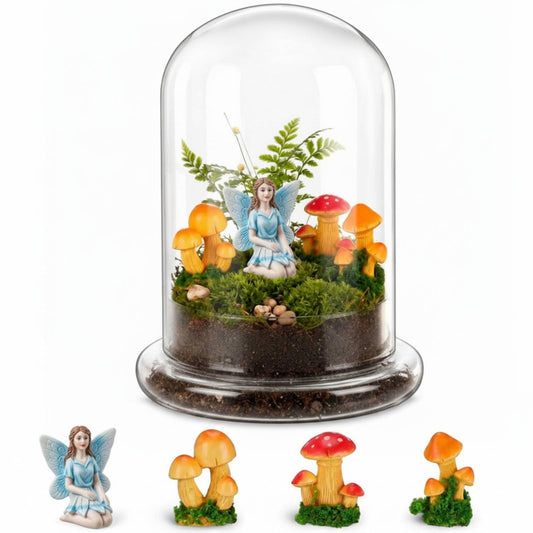Hushee 5 Pcs 6.3'' x 4.7'' Glass Plant Dome with Mushroom & Fairy Figurines Decorative Humidity Glass Cloche with Base for Indoor Plants Succulents, Miniature Garden Decor for Tabletop - No Plants