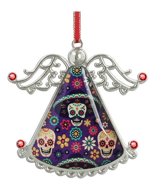 XUTAI Angel Christmas Tree Ornaments Sugar Skulls Flowers on Dark Glass Hanging Angel Glass Pendant for Holiday Decoration