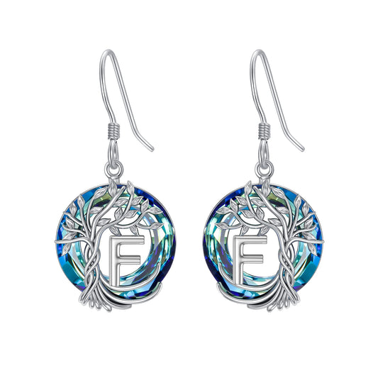 TOUPOP Tree of Life Initial Earrings Sterling Silver Initial F Letter Drop Dangle Earrings Blue Circle Crystal Family Tree Jewelry Birthday Mothers Day Gifts for Women Mom Her