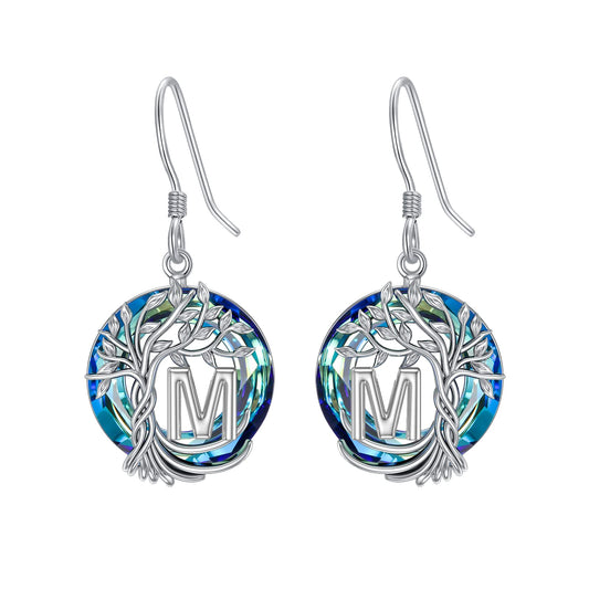 TOUPOP Tree of Life Initial Earrings Sterling Silver Initial M Letter Drop Dangle Earrings Blue Circle Crystal Family Tree Jewelry Birthday Mothers Day Gifts for Women Mom Her