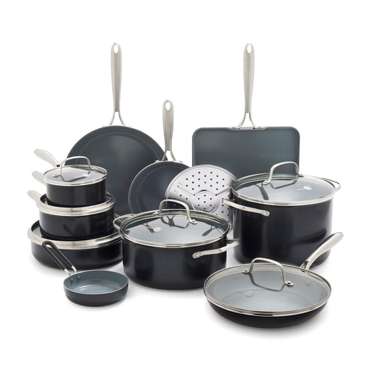 GreenPan 17 Piece Nonstick Swift Cookware Set, Ceramic PFAS-Free Pots & Pans with Lids, Dishwasher & Oven/Broiler Safe to 600F, Kitchen Cooking Set, Sauce, Saute, Stock, Griddle, Frying Pans, Gray