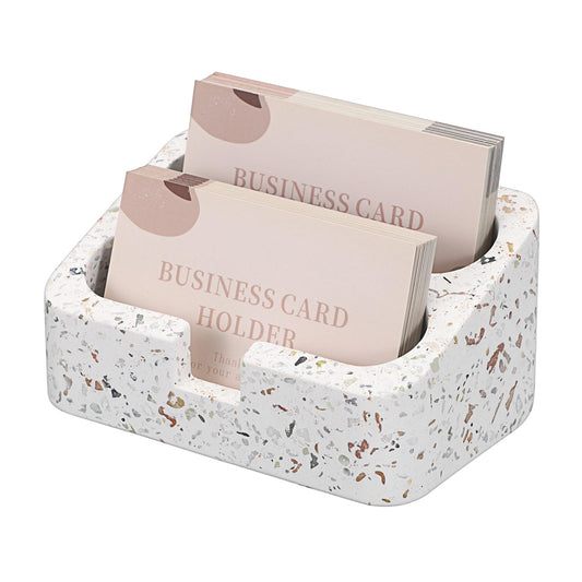 Hipiwe Business Card Holder Stand for Desk, 2 Slots Terrazzo Business Name Card Display Stand for Women Men Desktop Concrete Business Card Organizer for Office, Fits for 100 Business Cards