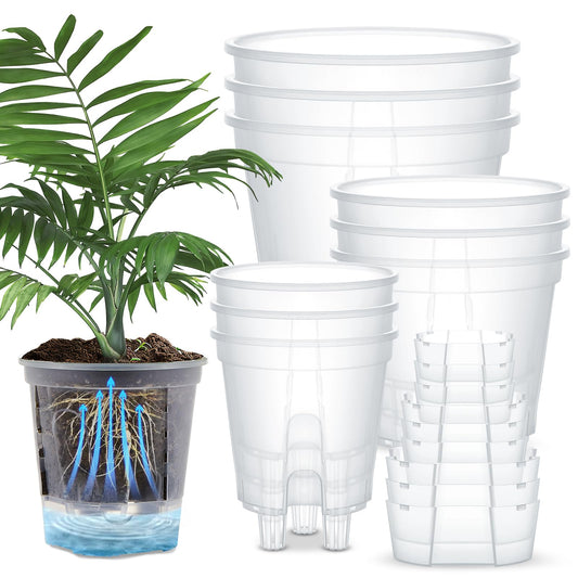 Wonderjune Self Watering Pots for Indoor Plants with Deep Reservoir and High Drainage Holes for Outdoor Plants and Flowers, Bare Root Planter(4.72'', 5.91'', 7.09'',Clear,9 Pcs)