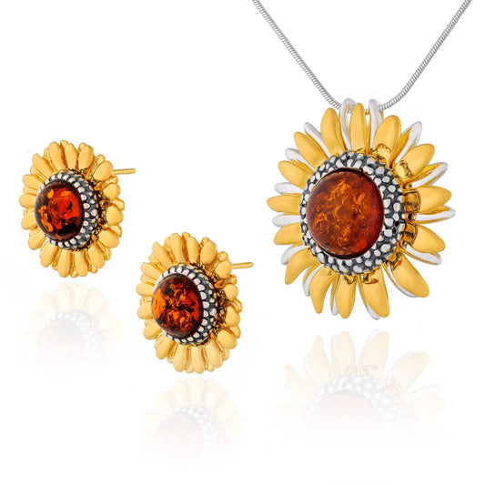 AMBEDORA Women's Jewellery Set Sunflowers, Gold Plated, Oxidised Sterling Silver, Baltic Amber in Cognac Colour, Gold Plated Pendant on Chain and Earrings