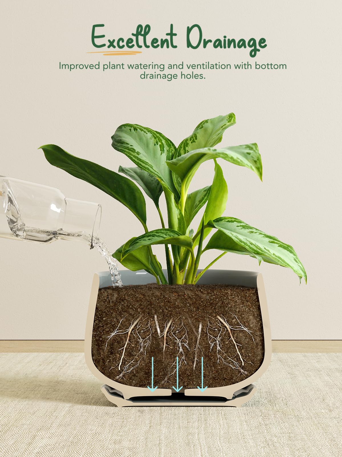 LE TAUCI Plant Pots for Indoor Plants, 4.1+5.1+6.5 inch, Set of 3, Ceramic Planters with Drainage Hole and Saucer, Indoor Flower Pot with Hole Mesh Pad, Gifts for Mom, Reactive Glaze Blue Gray