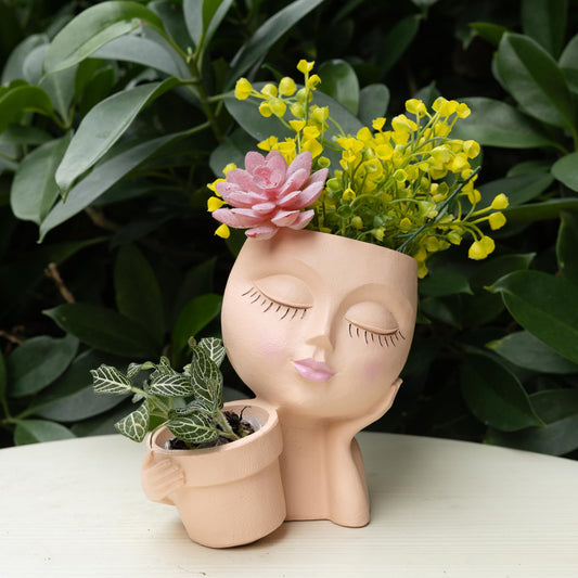 LaulaEnderay Face Plant Pots for Indoor Outdoor Plants, Resin Head Planter with Drainage Hole, Unique Cute Lady Face Plant Pots, Home Garden Decoration Succulents Cactus Planters Skin