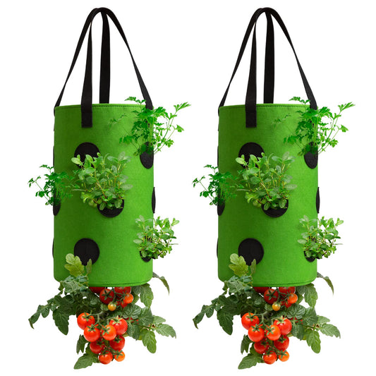 Homyhoo 2 Pack Green Upside Down Tomato & Herb Planter, Outdoor Hanging Durable Aeration Fabric Strawberry Planter Bags