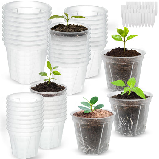 VIOBEPASS Clear Nursery Pots with Drainage, 40 Pack Transparent Plastic Orchid Planters, 3 Sizes Plant Pots 6/5/4 Inch with 40 Plant Labels for Seedlings, Succulents, Indoor/Outdoor Repotting