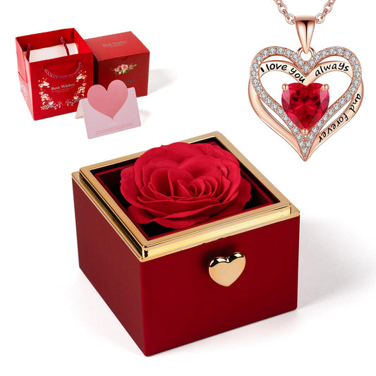 mountova Valentine’s Day Gift for Her Preserved Rose Surprise Box with Heart Necklace, Luxury Flip Jewelry Box, Romantic Gift for Girlfriend or Wife, Anniversary & Proposal (red)