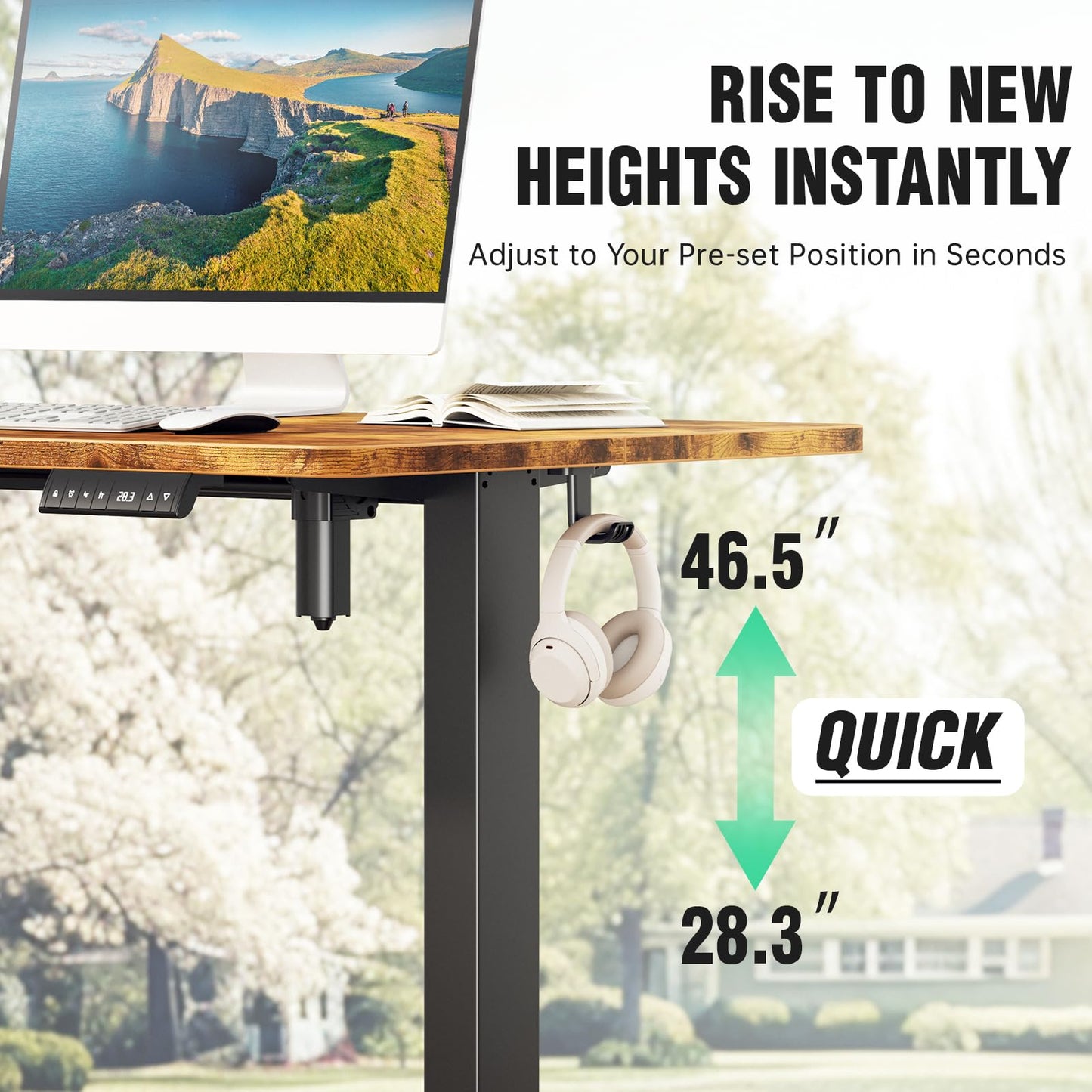 Veken 47.2" Standing Desk, Adjustable Height Office Desk with Wood Desktop, Computer Table for Home Work, Study and Gaming, Small Spaces, Modern Furniture，Brown