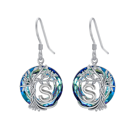 TOUPOP Tree of Life Initial Earrings Sterling Silver Initial S Letter Drop Dangle Earrings Blue Circle Crystal Family Tree Jewelry Birthday Mothers Day Gifts for Women Mom Her