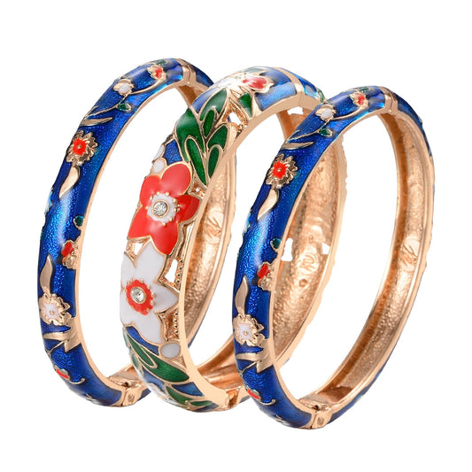 UJOY Fashion Cloisonne Bangle Jewelry Hollowed Rose Handmade Enamel Gifts Cuff Open Bracelet Bangles for Women Gilrs 88A11-3pcs Navy Blue