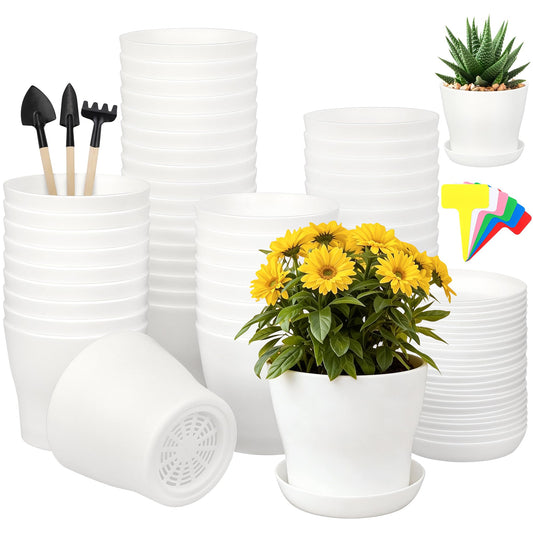 Hahood 48 Pack Plastic Planters 5.5 Inch Flower Plant Pots Indoor Set Thickened Seedling Nursery Pots Seed Starting Pots with Drainage Holes Saucers Mini Garden Tool for Home Office Garden, White
