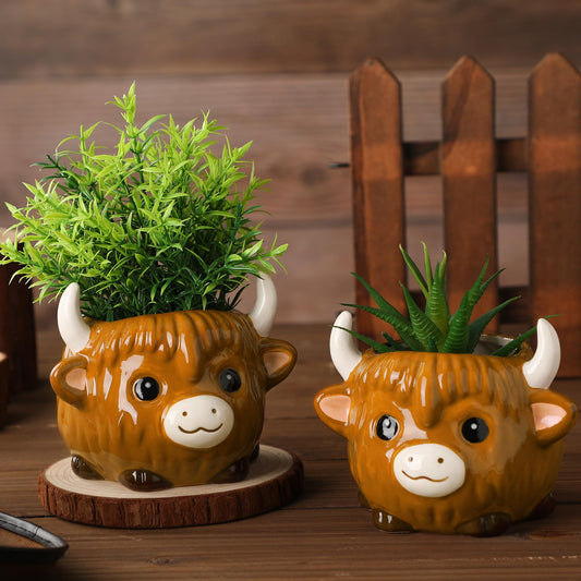 Meanplan 2 Pcs Highland Cow Succulent Planter with Drainage Cute Plant Pots Decor Ceramic Cactus Pot Animal Flower Container Holder Gifts for Cow Lovers Home Office Display Desk Decoration