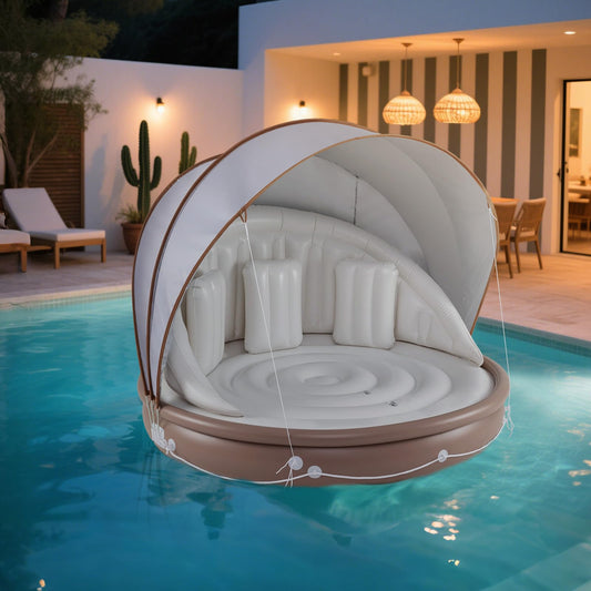 SPORFIT Tanning Pool Lounger with Canopy, 73" Inflatable Floating Island 2 Person w/UPF 50 Detachable Sunshade, Comfy Backrest & 3 Pillows, 440LBS Max Load, Pool Floats Adult for Lake Beach Backyard