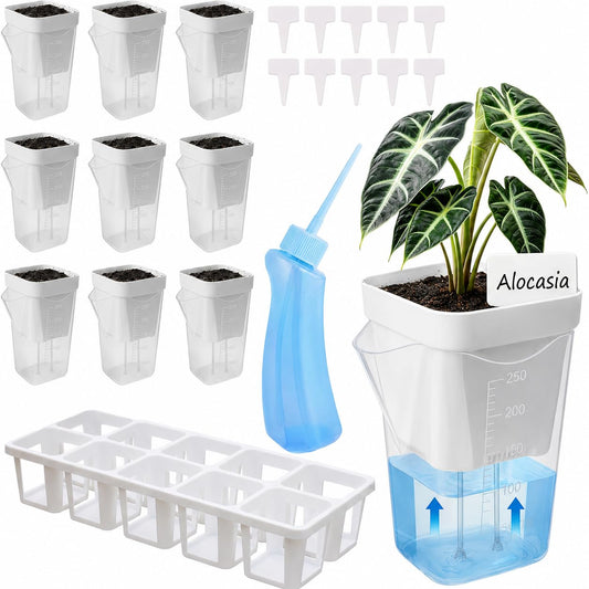 DIGARDPRO 10 Pack 2.5" Self Watering Pots for Indoor Plants with Anti-Tip Tray & Reservoir Refill Bottle, Seed Starter Kit for Seedlings, Cuttings, Succulents, Herbs