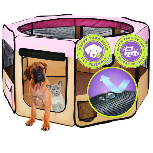 Zampa Puppy Pop Up Portable Playpen for Dog and Cat, Foldable | Indoor/Outdoor Kitten Pen & Travel Pet Carrier + Carrying Case (Pink, Extra Large (80"x80"x36"))