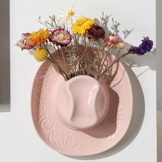 Hanging Wall Planters for Indoor Plants, Wall Vases for Flowers, Ceramic Cowboy Hat Vases for Decor, for Bathroom, Living Room, Office, and Home Decor.Light Pink