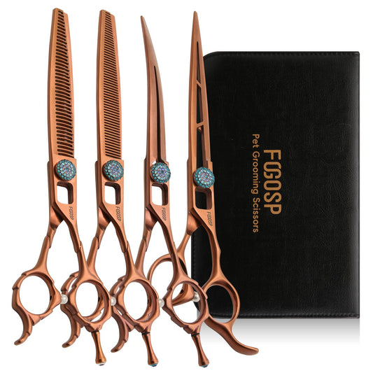 FOGOSP 7'' Dog Grooming Scissors Set 4PCS Curved Thinning Straight Chunkers Shears Kit with Hollow Out Design Ergonomic Offset Handle High Cobalt Alloy Steel Sharp and Durable(7, Chocolate Kit)