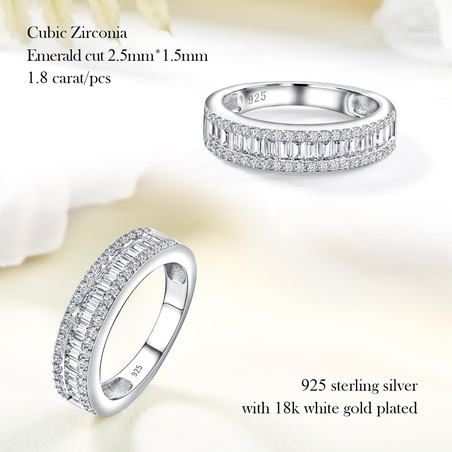 RANDES Cubic Zirconia Band Rings for Women Men Fake Diamond Emerald Cut Wedding Band Channel Set Eternity Ring Size 7.5
