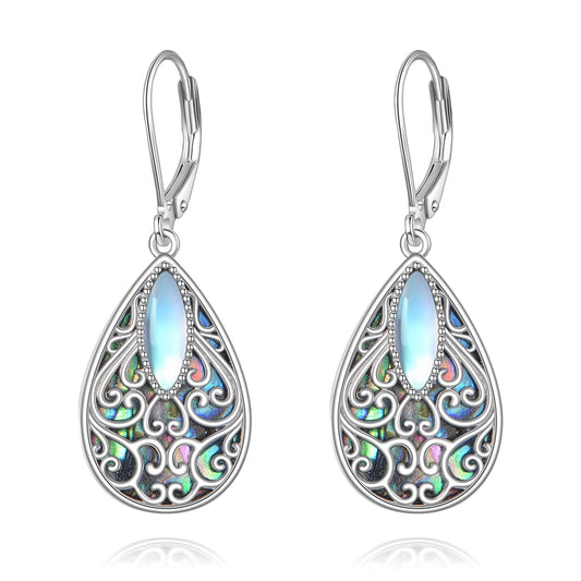Filigree Earrings Sterling Silver Teardrop Abalone Shell Drop Dangle Earrings Filigree Leverback Earrings Jewelry