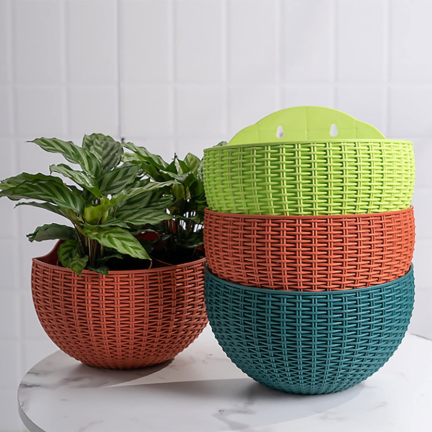 Hanging Planter Pot, Wall and Railing Hanging Planters with S Hooks, Half Round Imitation Rattan European Style Wall Flowerpot Rustic Decorative Flower Basket for Home Balcony Garden(#26*20.5cm Khaki)