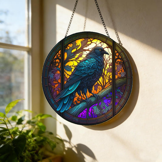 Gothic Raven Window Hanging - 12" Acrylic Suncatcher Alternative for Dark Decor, Witchy Aesthetic Indoor Ornament for Bedroom, Spooky for Women Men Bird Lovers(11.8"/30cm)