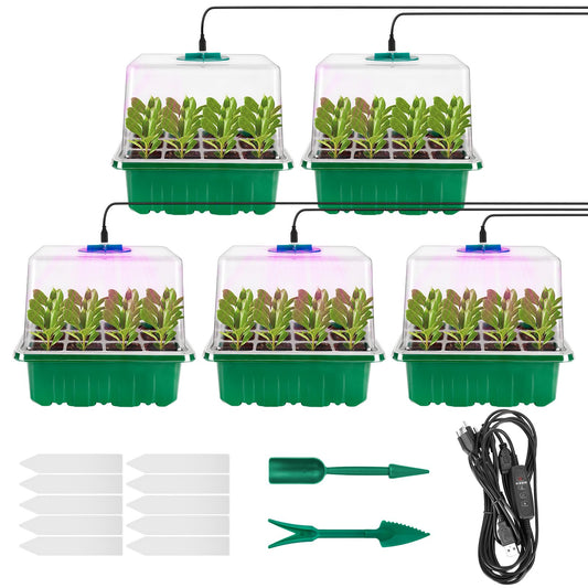 Tuidshui Seed Starter Tray with Grow Lights 5 PCS Kit Humidity Dome Adjustable Brightness Timer Controller 8 LED Seedling Trays with Tall Lid Mini Greenhouse for Staring Seedlings