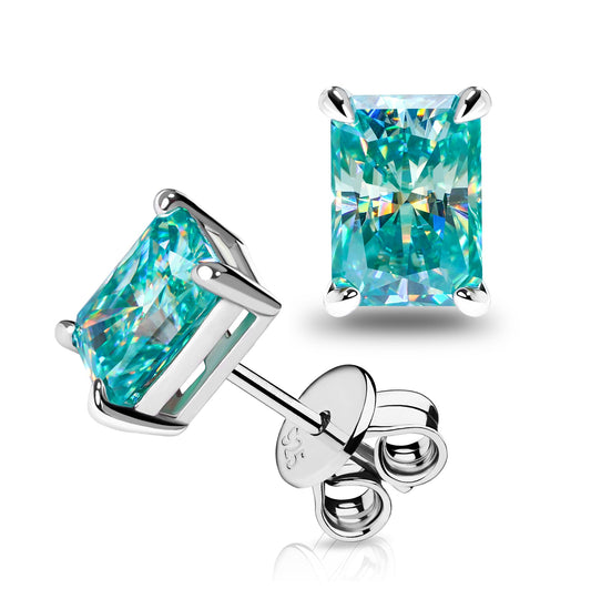 GIGAJEWE Blue Green Color Moissanite Stud Earrings Radiant Cut Moissanite Earrings 2.0ct/pair,18K Gold Plated 925 Steling Silver, Stud Earrings For Women (Cyan)