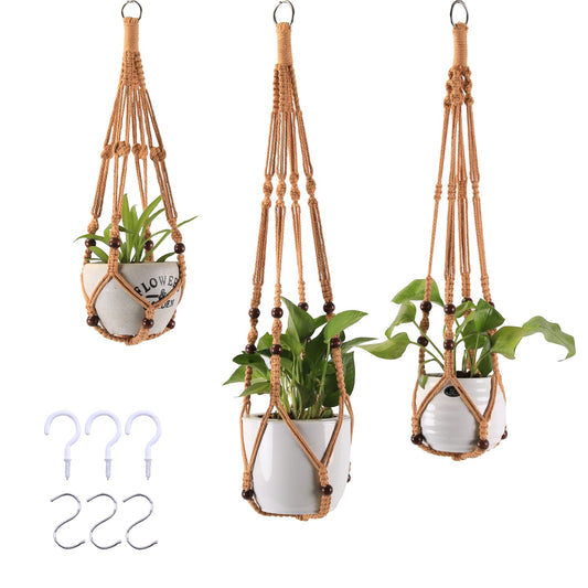 MKO SHUN 3-Pack Macrame Plant Hanger Indoor - Hanging Planter Basket for Indoor Outdoor - Decorative Boho Plant Holders Set with Beads - Ceiling Flower Pot Holder with 6 Hooks - 35"/30"/24" Brown