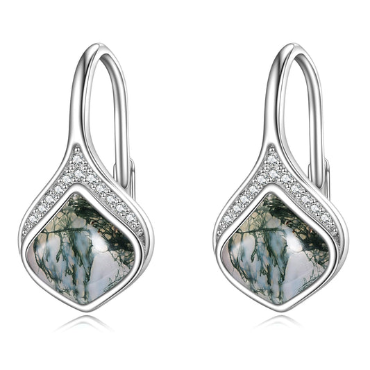 Moss Agate Drop Earrings Sterling Silver Natural Stone Teardrop Leverback Earrings Seaweed Agate Dangle Earrings Jewelry Christmas Gifts For Women