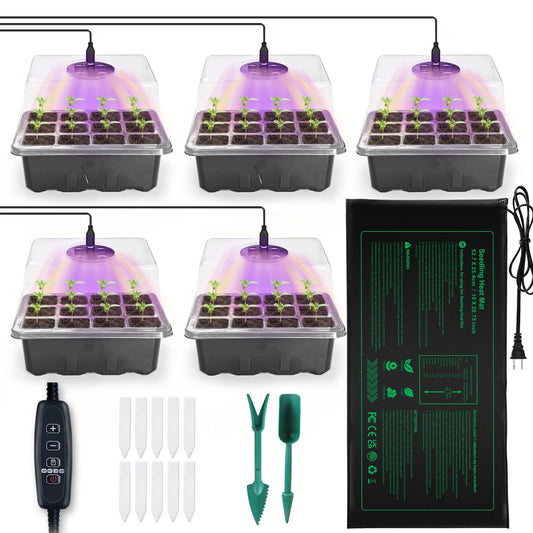 NAMOTEK 5 Pack Seed Starter Tray with Heat Mat and Grow Light Humidity Domes, 60 Cell Trays Germination Station Cloning Kit