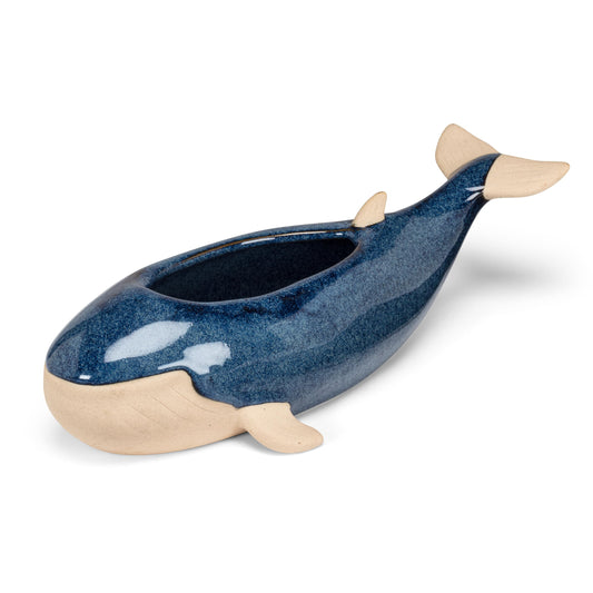 Abbott Collection Whale Planter - Stoneware, Blue/Natural, 12" L (2x4.5 D Opening)