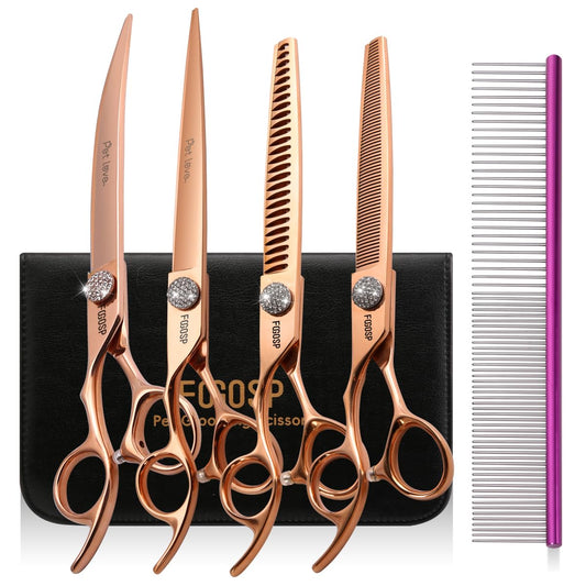 FOGOSP Left Handed Dog Grooming Scissors Set 4PCS Rose Gold Titanium Curved Thinning Straight Chunkers Shears Kit with White Artificial Diamonds Ergonomic Offset Handle Japan 440C
