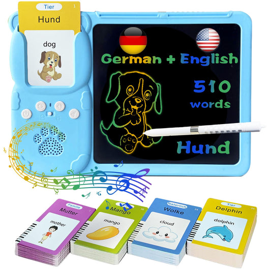 KILOGOGRAPH LCD Writing Tablet for Kids 3-12 - Talking English German Flash Cards, Bilingual 510 Sight Words, Toddler Pocket Speech, Learning Drawing Pad Board, Autism Toys for Children Boys (Blue)