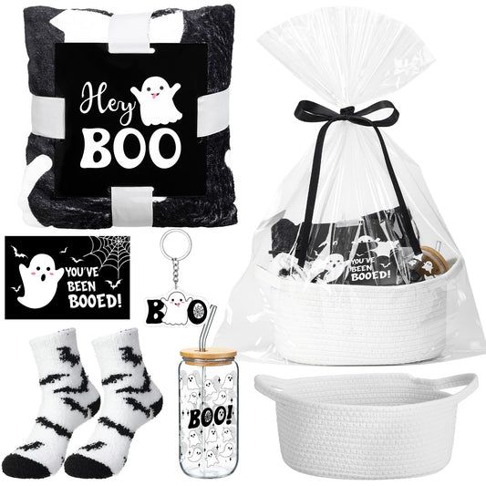 Mimorou 7 Pieces Black Boo Basket Gifts Halloween Gifts Set Ghosts Throw Blanket 16oz Cute Tumbler Gift Basket Spooky Keychain Socks Boo Straws Thanks Card for Halloween Party Trick or Treat