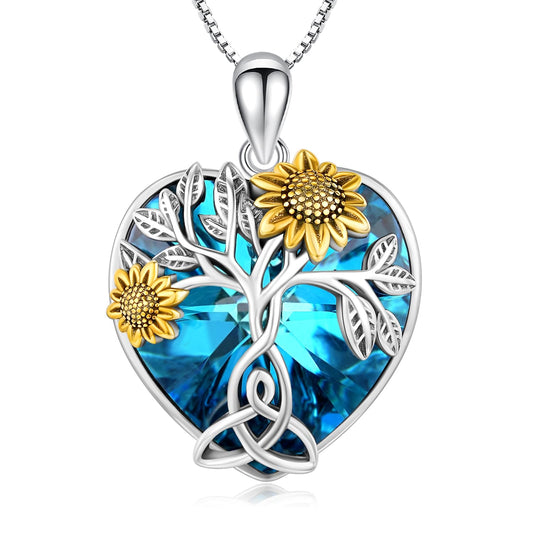 CHENGHONG Sunflower Necklace 925 Sterling Silver Celtic Knot Necklace Tree of Life Pendant Sunflower Crystal Jewelry Gifts for Women Gifts