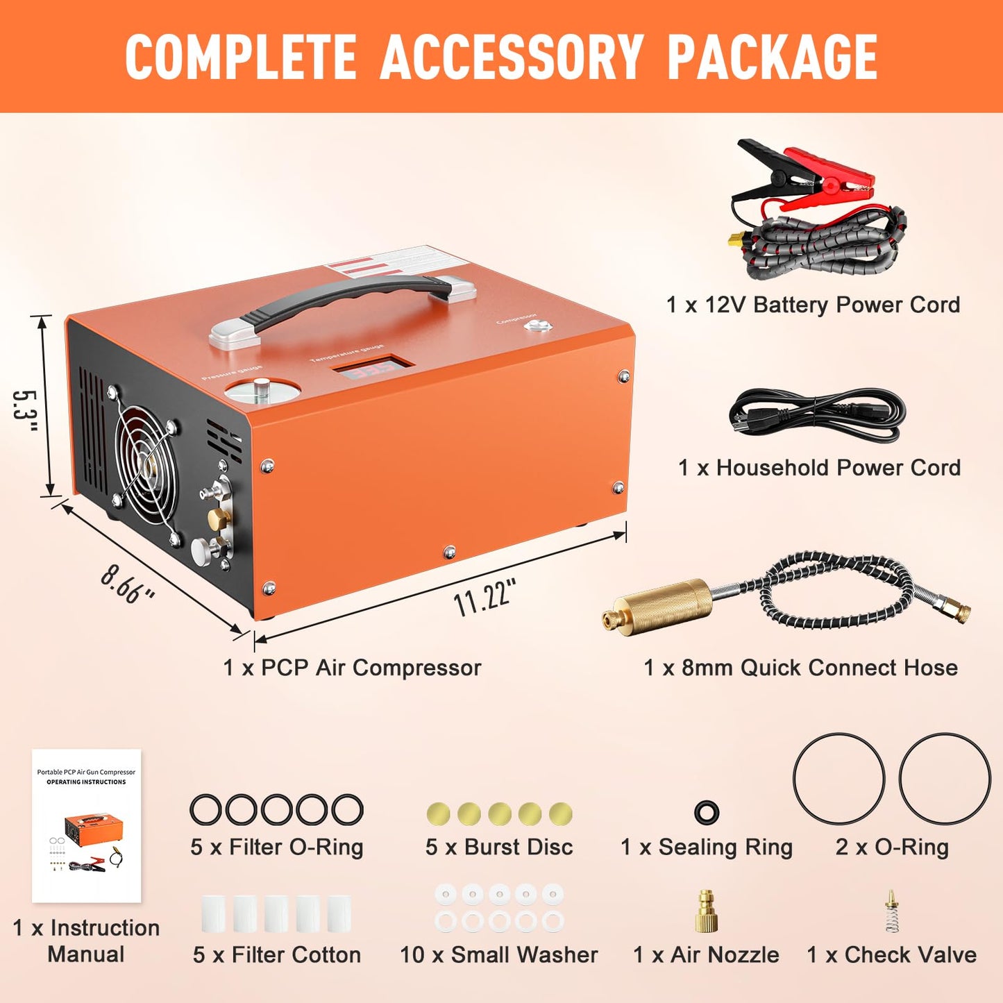 PCP Air Compressor, 4500PSI/30Mpa Scuba Tank Compressor, DC12V/AC120V PCP Airgun Compressor Auto-stop, Oil/Water-Free High Pressure Air Compressor Pump for Paintball, Air Rifle, Built-in Fan Cooling