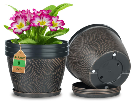 Quarut 4 Pack 8 Inch Flower Pots for Outdoor Indoor, Plastic Plant Pots with Drainage Hole & Saucer, Lightweight Small Flower Pot, Circle Pattern Planters for Garden House planters（Brown）