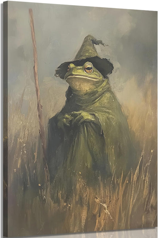 VPUQWGKE Vintage Witch Frog Canvas Wall Art Print Halloween Toad Picture Wall Decor Dark Academia Cottagecore Artwork Spooky Victorian Frog Witch Painting for Rustic Farmhouse Home Decoration 12x16in