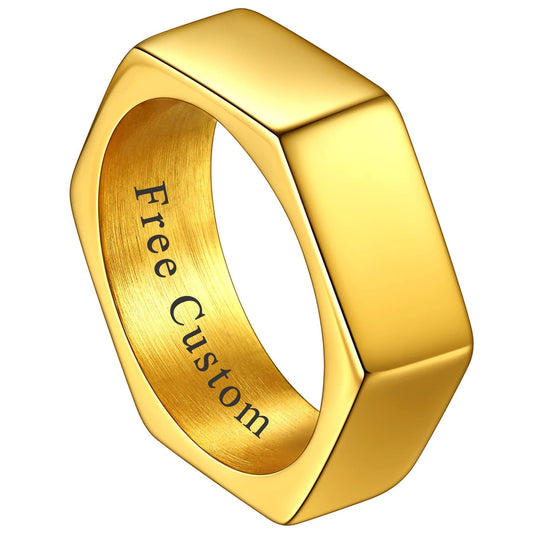 ChainsHouse Personalize Simple Band Rings 18K Gold Plated Geometric Hexagon Biker Ring for Men Women, Size 13