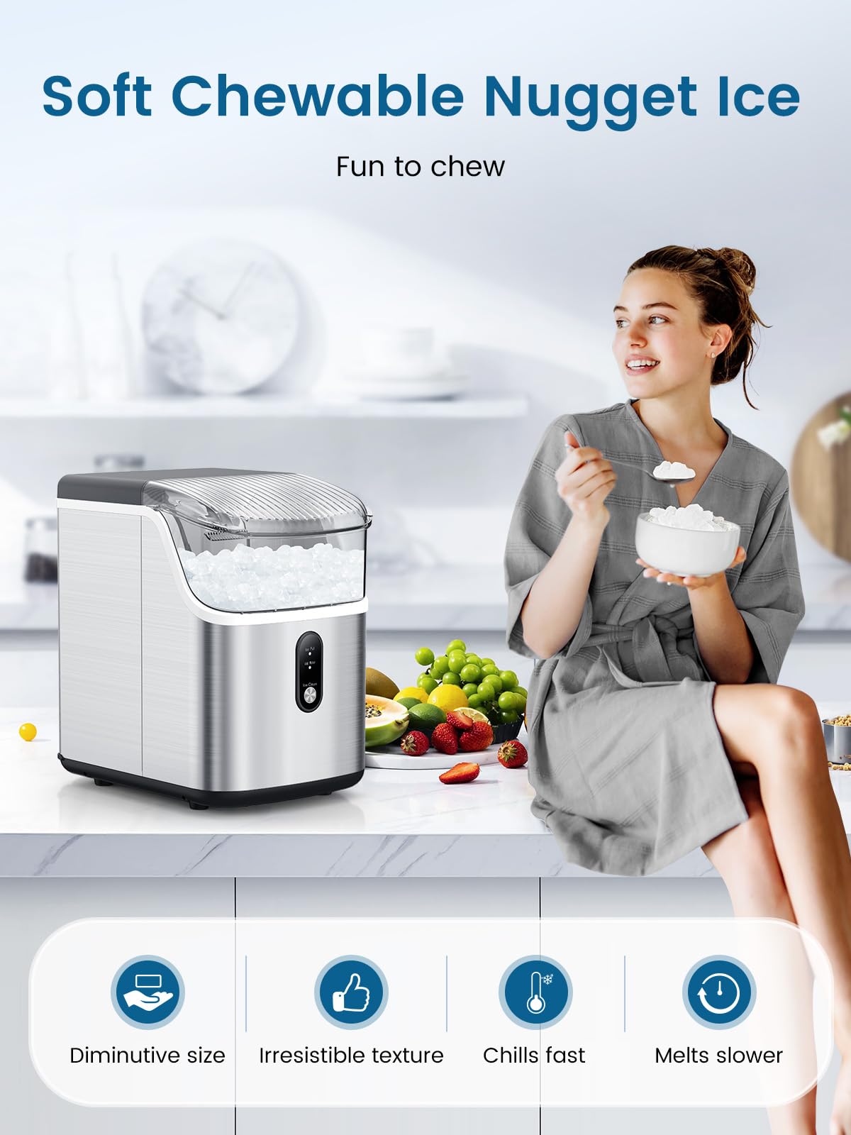 COWSAR Nugget Ice Makers Countertop Soft Chewable Pellet Ice Machine with Auto-Cleaning Function, 35Lbs/24H, Portable Ice Makers for Kitchen, Office, Home,Silver